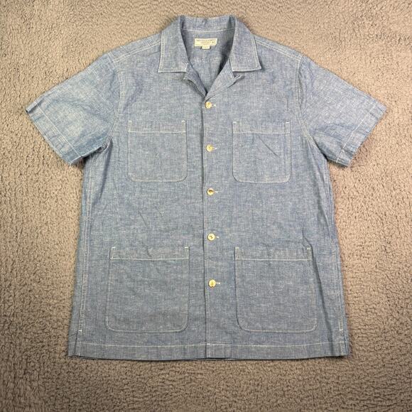 Wallace & Barnes Chambray 4-Pocket Camp Shirt Mens M Loop Collar Guayabera - Picture 2 of 10